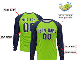 Custom Neon Green Navy Crew Neck Split Design Long Sleeve Performance T-Shirt