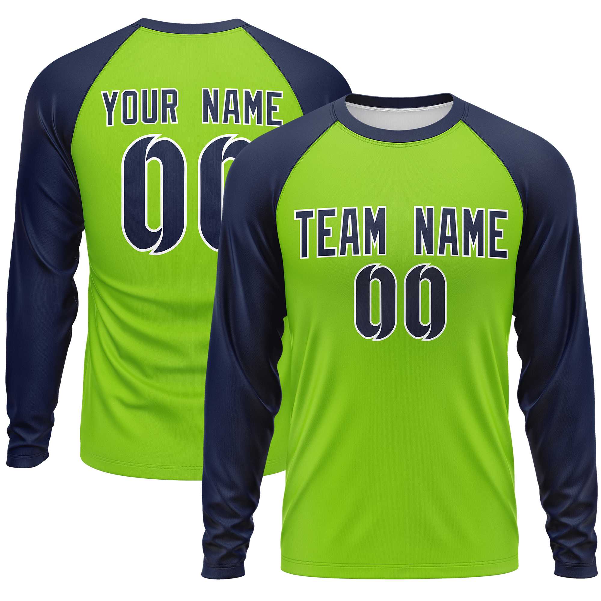 Custom Neon Green Navy Crew Neck Split Design Long Sleeve Performance T-Shirt