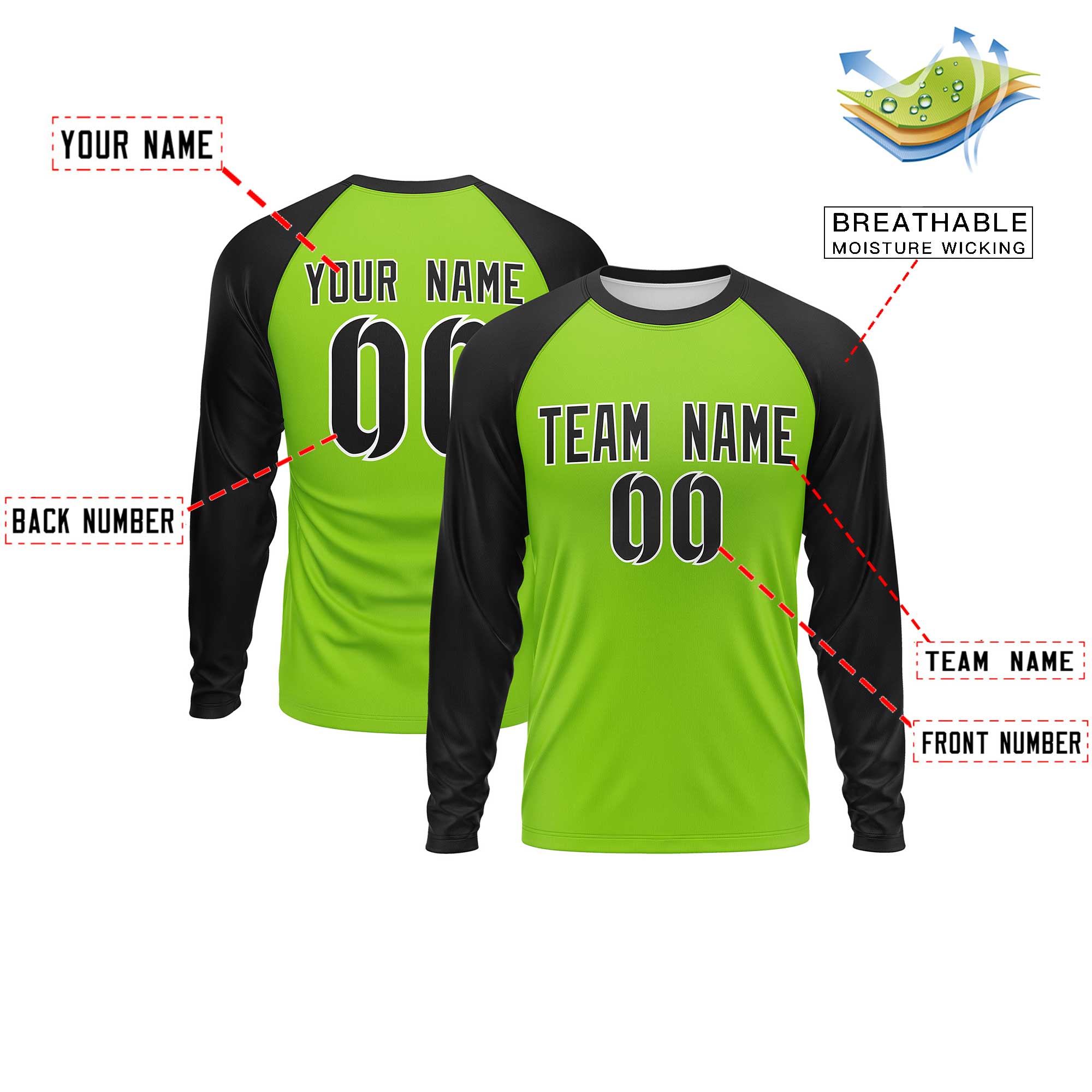 Custom Neon Green Black Crew Neck Split Design Long Sleeve Performance T-Shirt