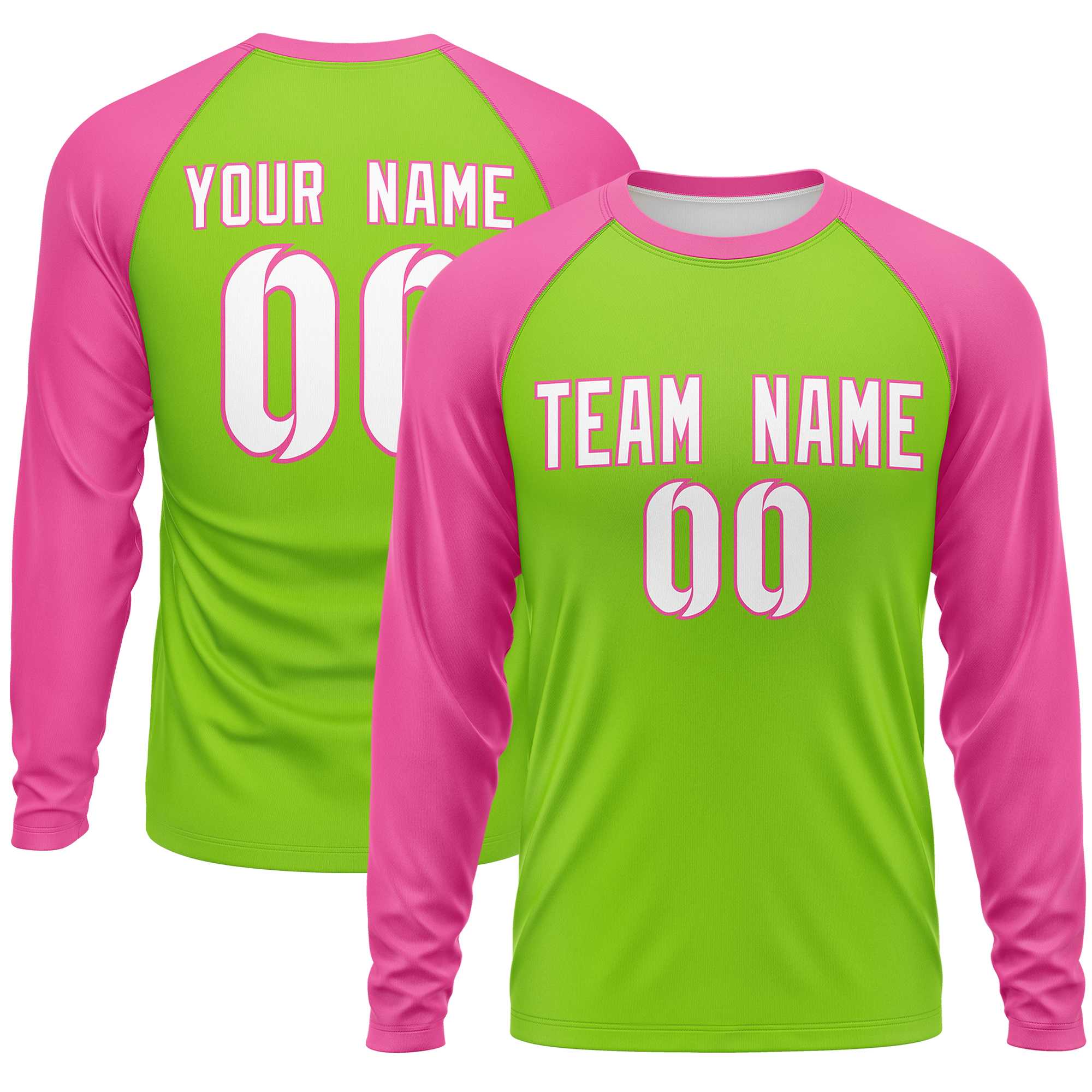 Custom Neon Green Pink Crew Neck Split Design Long Sleeve Performance T-Shirt