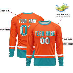 Custom Orange White-Aqua Color Block Design Long Sleeve Performance T-Shirt