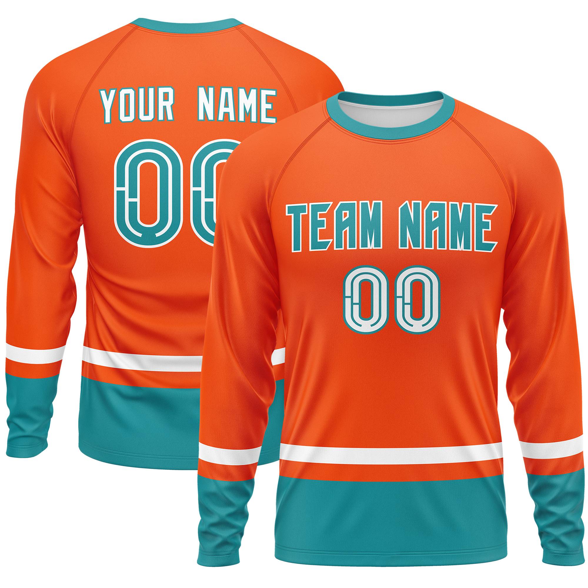 Custom Orange White-Aqua Color Block Design Long Sleeve Performance T-Shirt