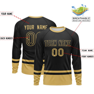 Custom Black Old Gold Color Block Design Long Sleeve Performance T-Shirt