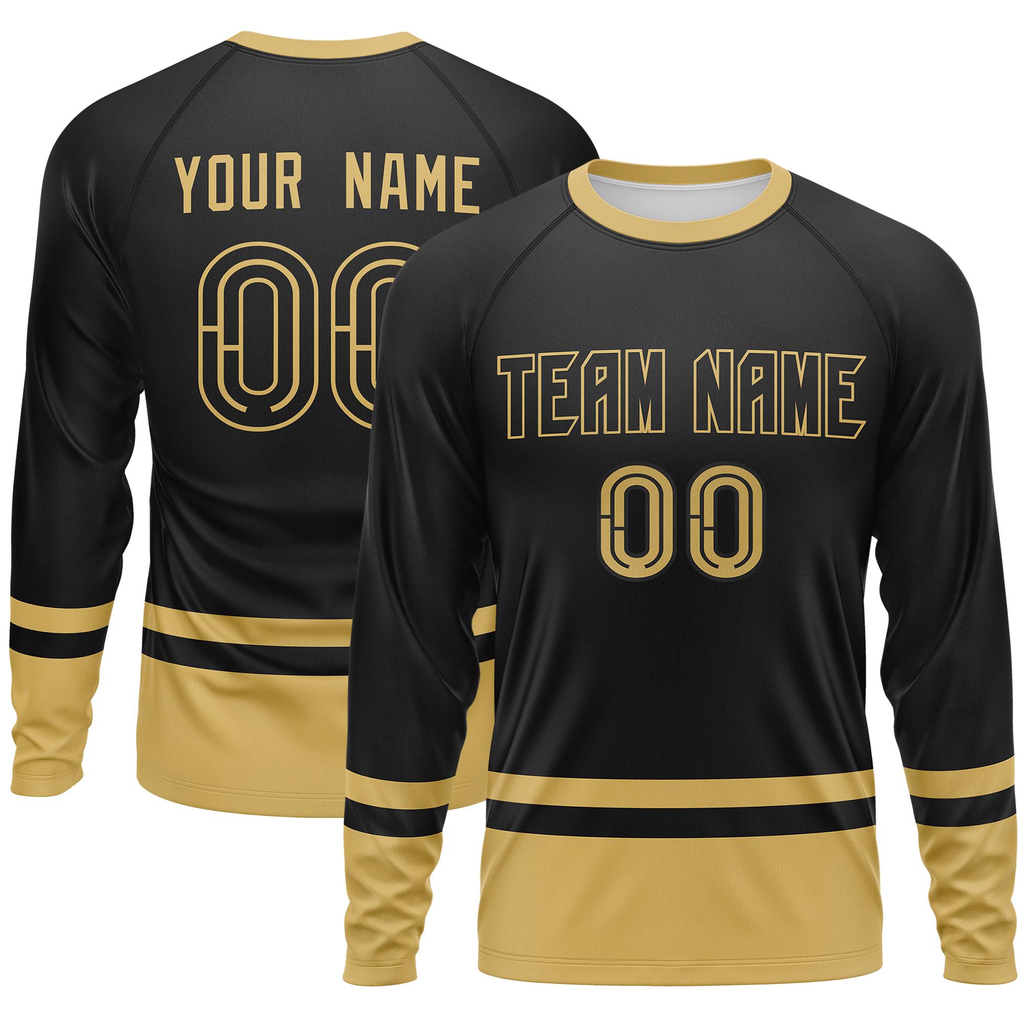 Custom Black Old Gold Color Block Design Long Sleeve Performance T-Shirt