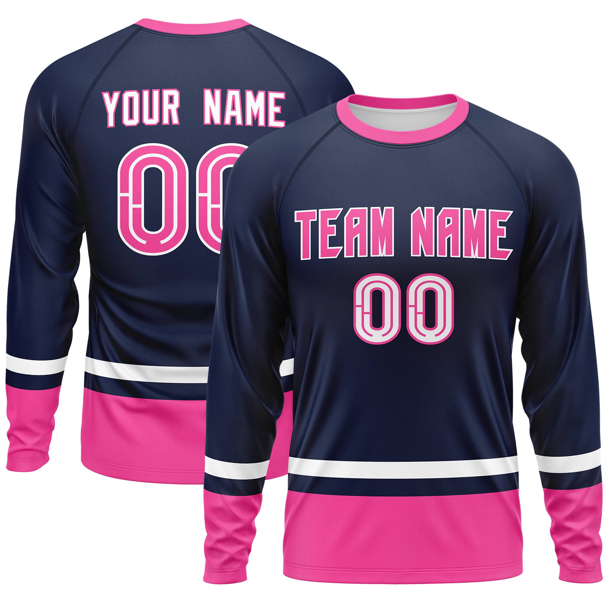 Custom Navy White-Pink Color Block Design Long Sleeve Performance T-Shirt