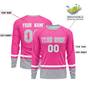 Custom Pink White-Gray Color Block Design Long Sleeve Performance T-Shirt