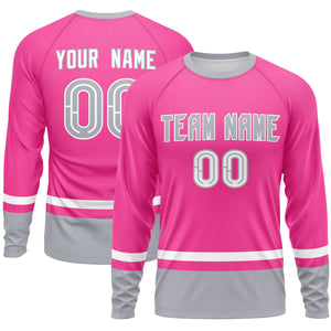 Custom Pink White-Gray Color Block Design Long Sleeve Performance T-Shirt