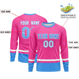 Custom Pink White-Powder Blue Color Block Design Long Sleeve Performance T-Shirt