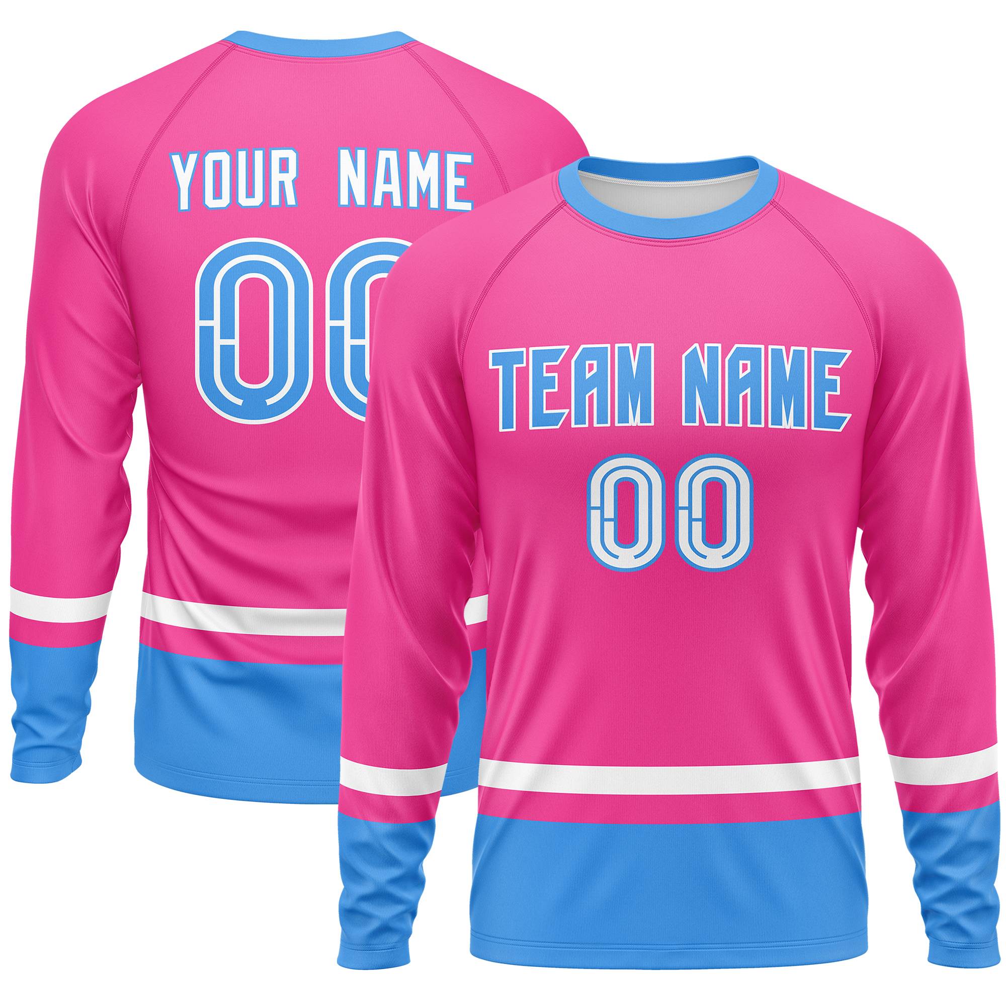 Custom Pink White-Powder Blue Color Block Design Long Sleeve Performance T-Shirt