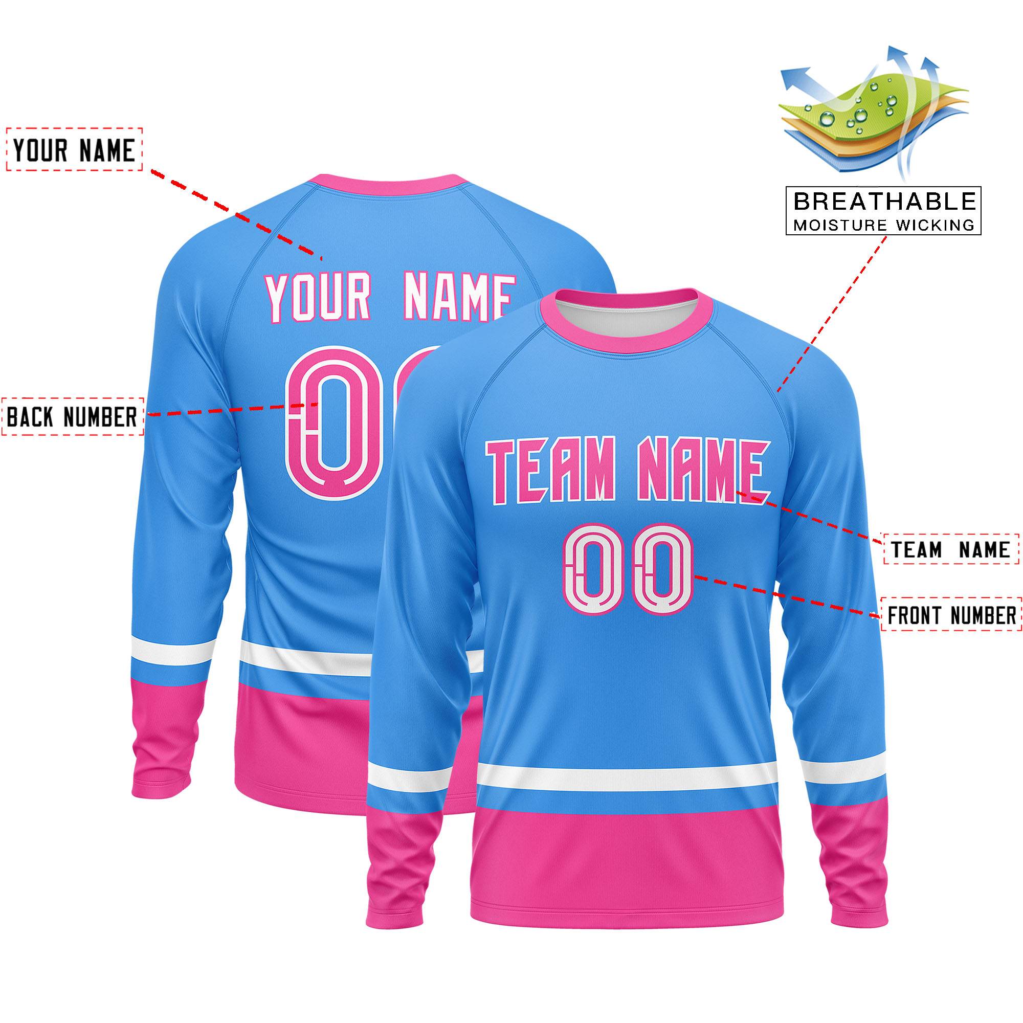 Custom Powder Blue White-Pink Color Block Design Long Sleeve Performance T-Shirt