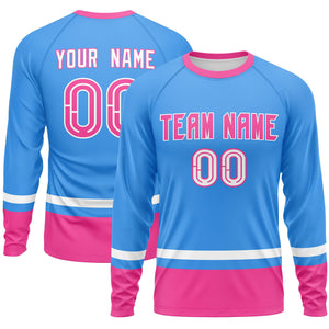 Custom Powder Blue White-Pink Color Block Design Long Sleeve Performance T-Shirt