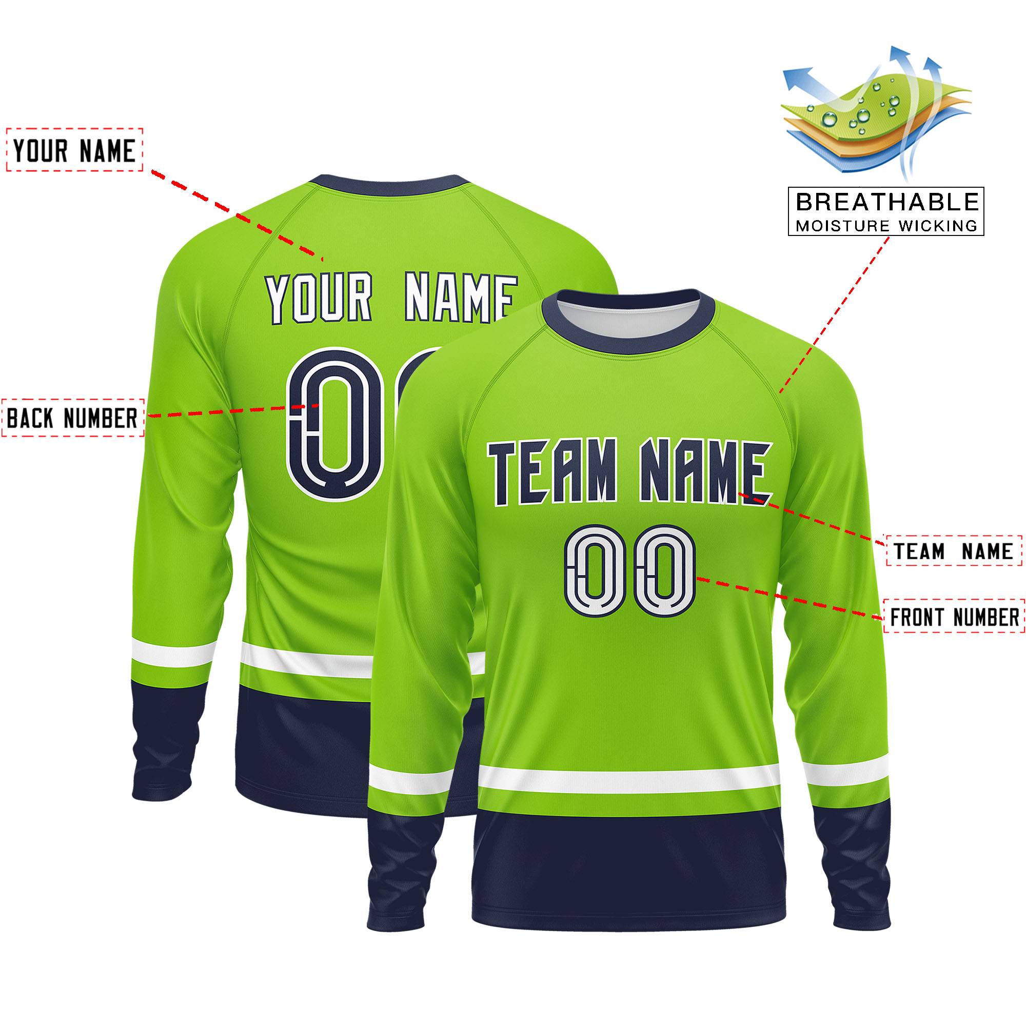 Custom Neon Green White-Navy Color Block Design Long Sleeve Performance T-Shirt