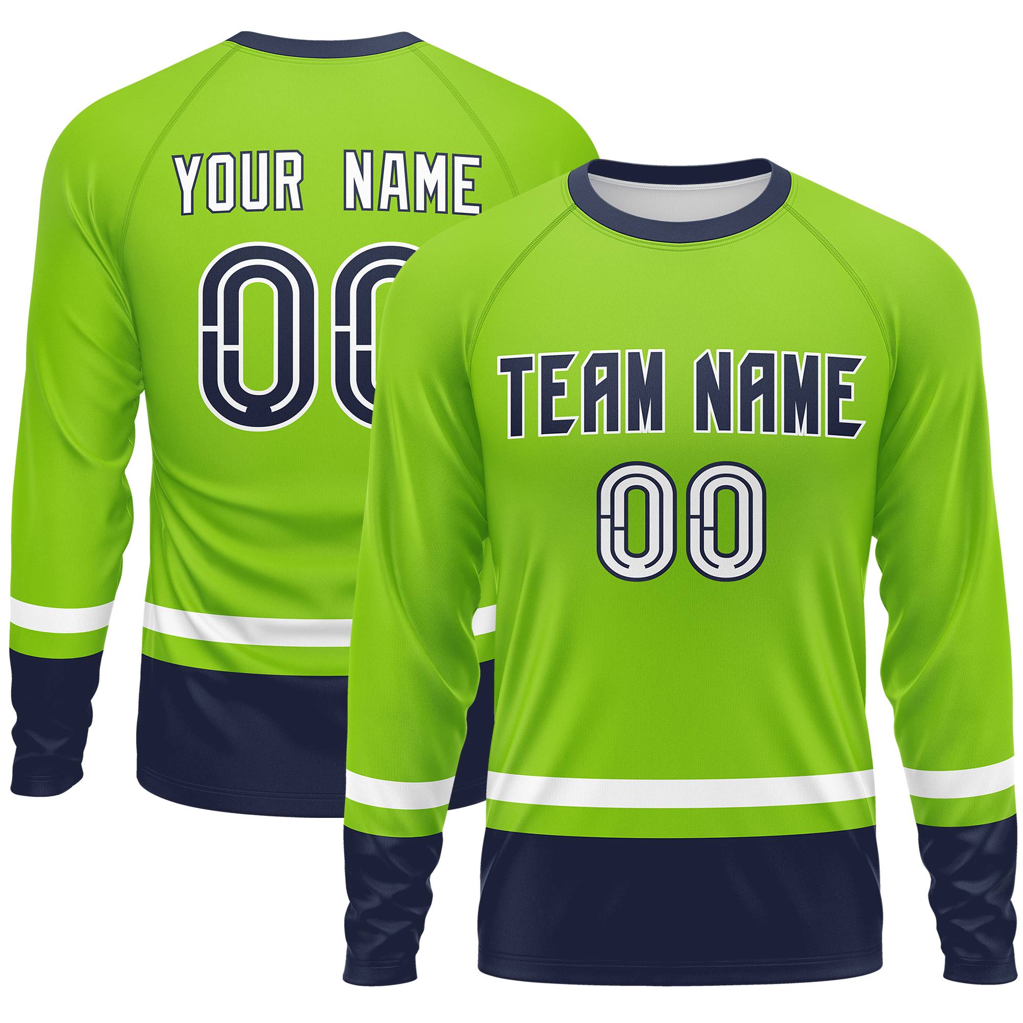 Custom Neon Green White-Navy Color Block Design Long Sleeve Performance T-Shirt