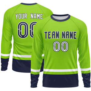 Custom Neon Green White-Navy Color Block Design Long Sleeve Performance T-Shirt