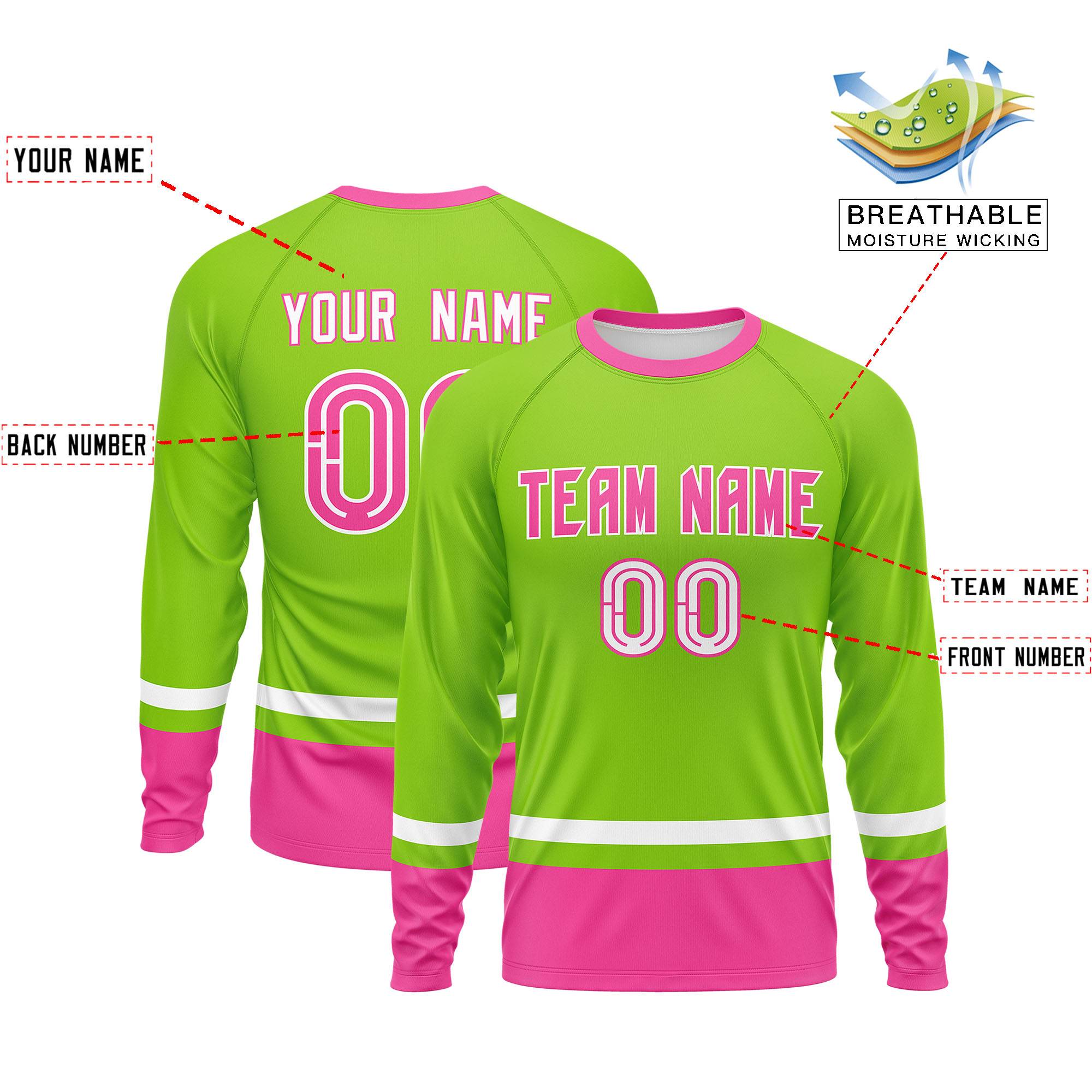 Custom Neon Green White-Pink Color Block Design Long Sleeve Performance T-Shirt