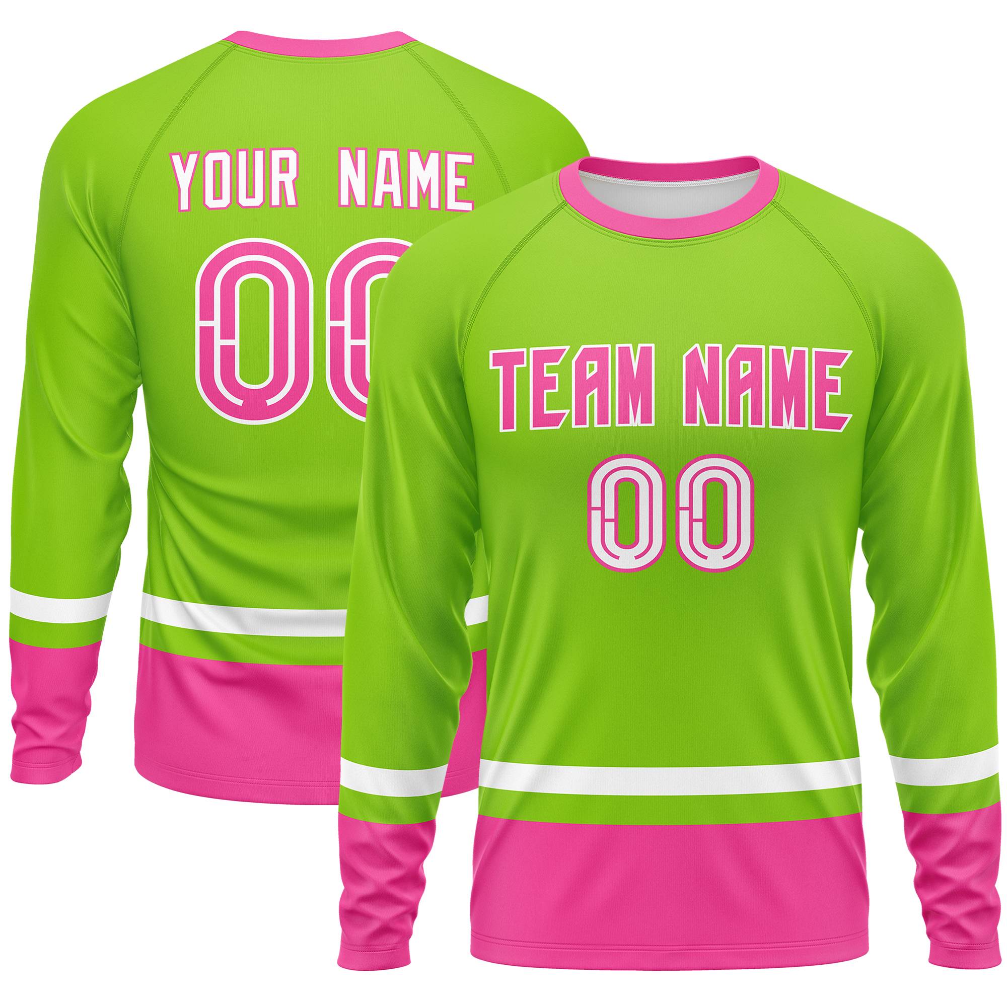 Custom Neon Green White-Pink Color Block Design Long Sleeve Performance T-Shirt