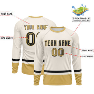 Custom Cream Black-Old Gold Color Block Design Long Sleeve Performance T-Shirt