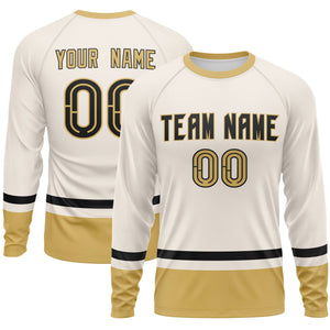 Custom Cream Black-Old Gold Color Block Design Long Sleeve Performance T-Shirt