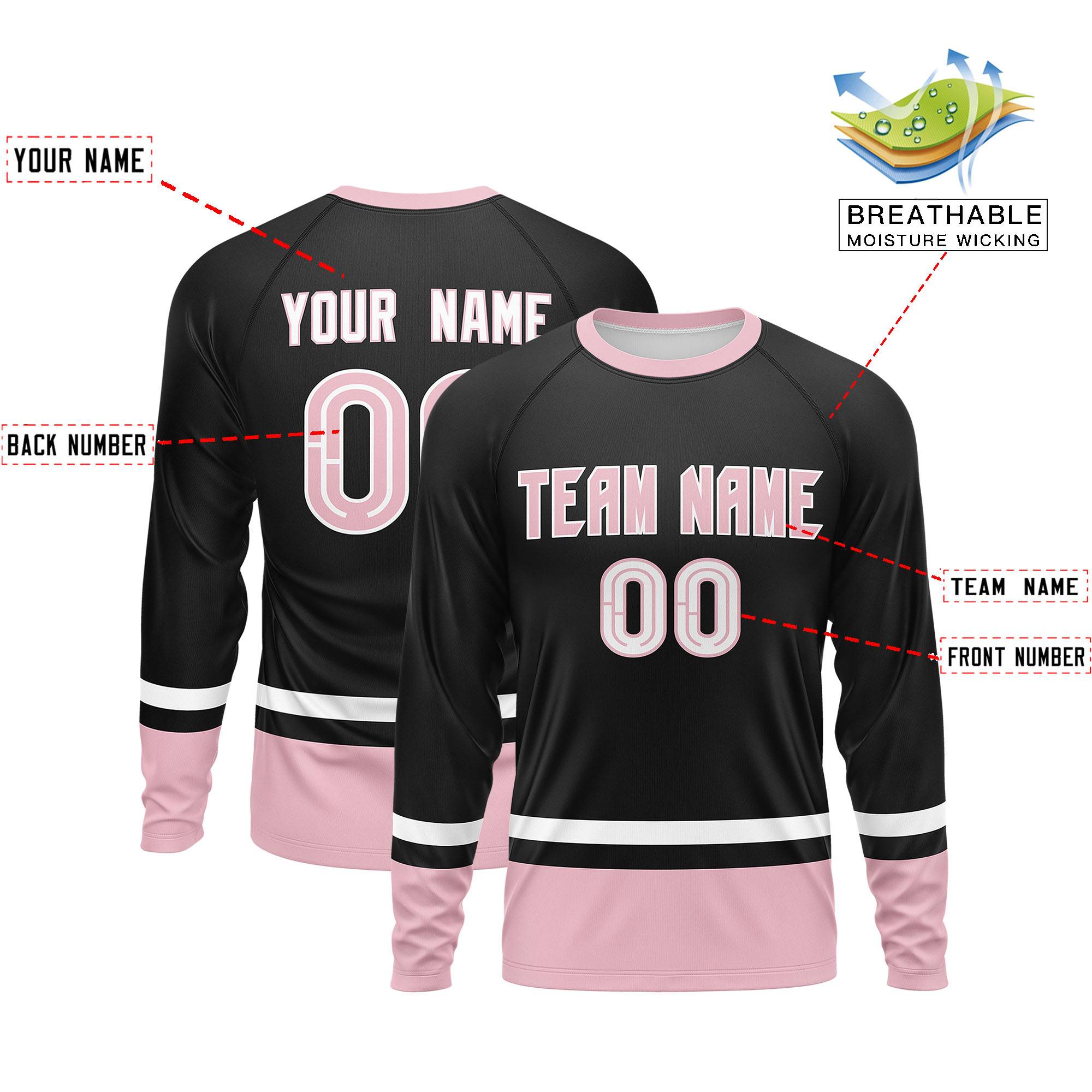 Custom Black White-Light Pink Color Block Design Long Sleeve Performance T-Shirt