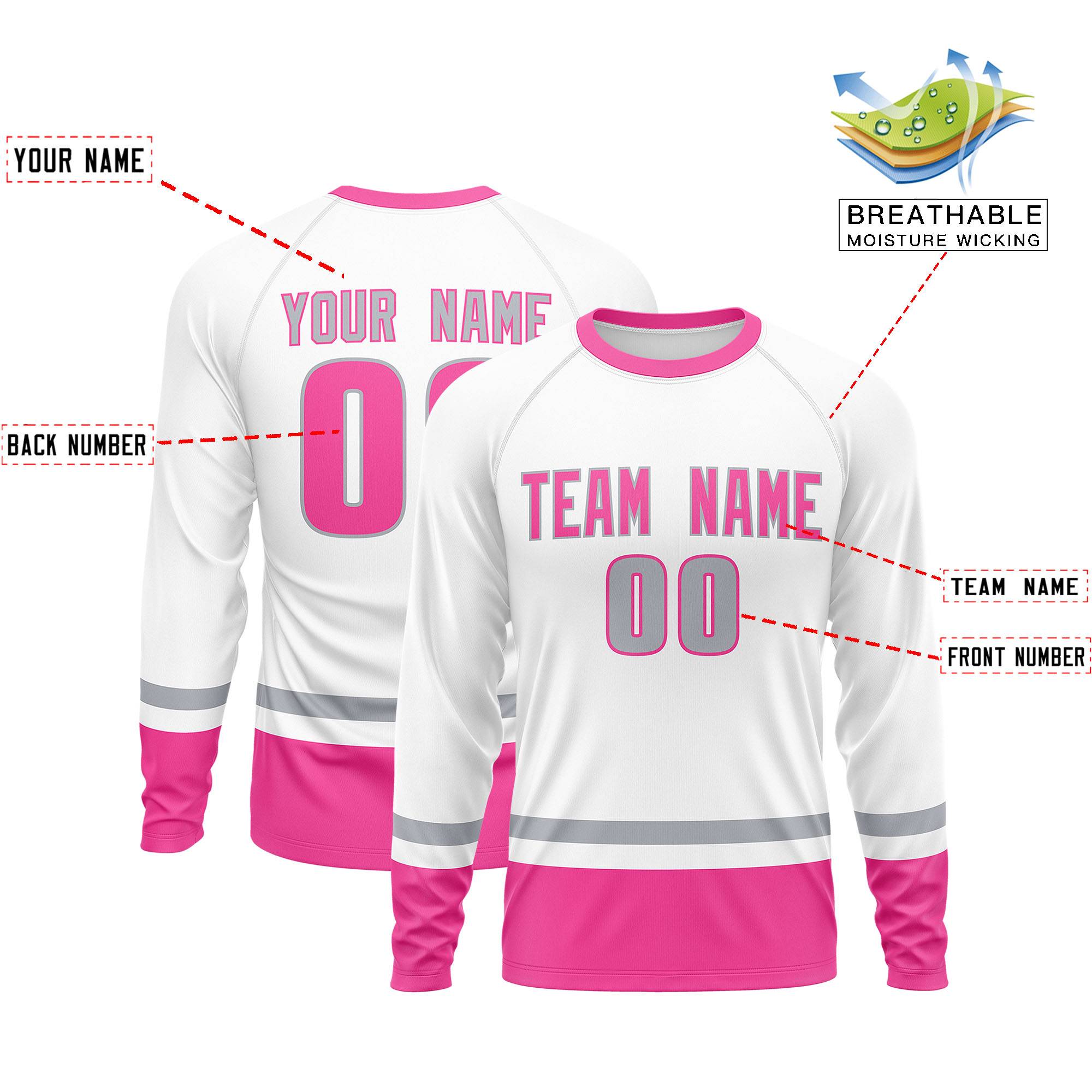 Custom White Gray-Pink Color Block Design Long Sleeve Performance T-Shirt