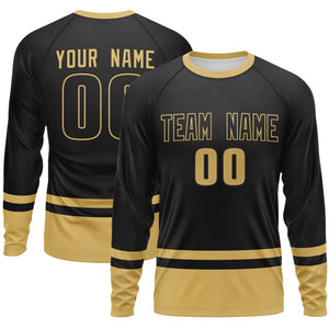 Custom Black Old Gold Color Block Design Long Sleeve Performance T-Shirt