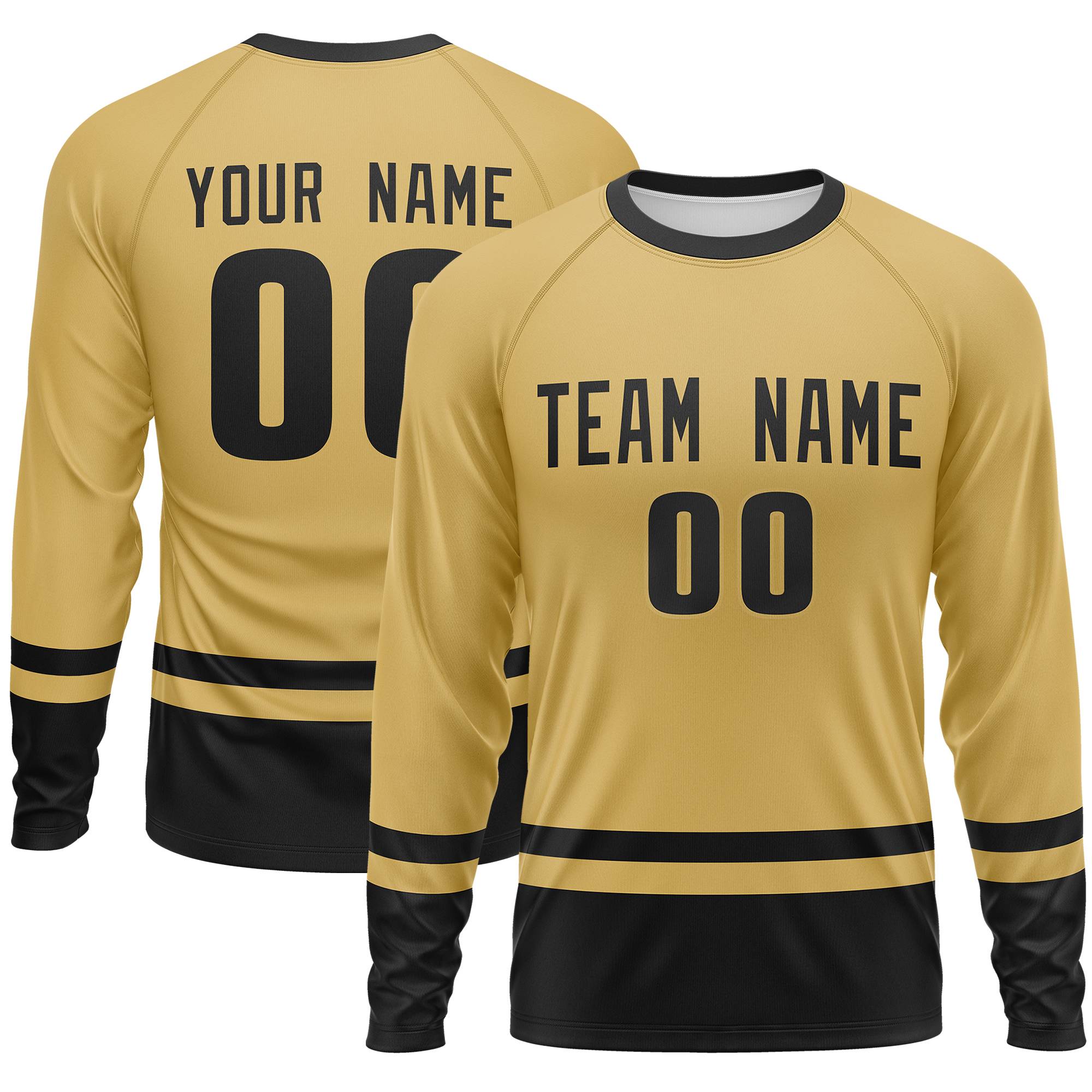 Custom Old Gold Black Color Block Design Long Sleeve Performance T-Shirt