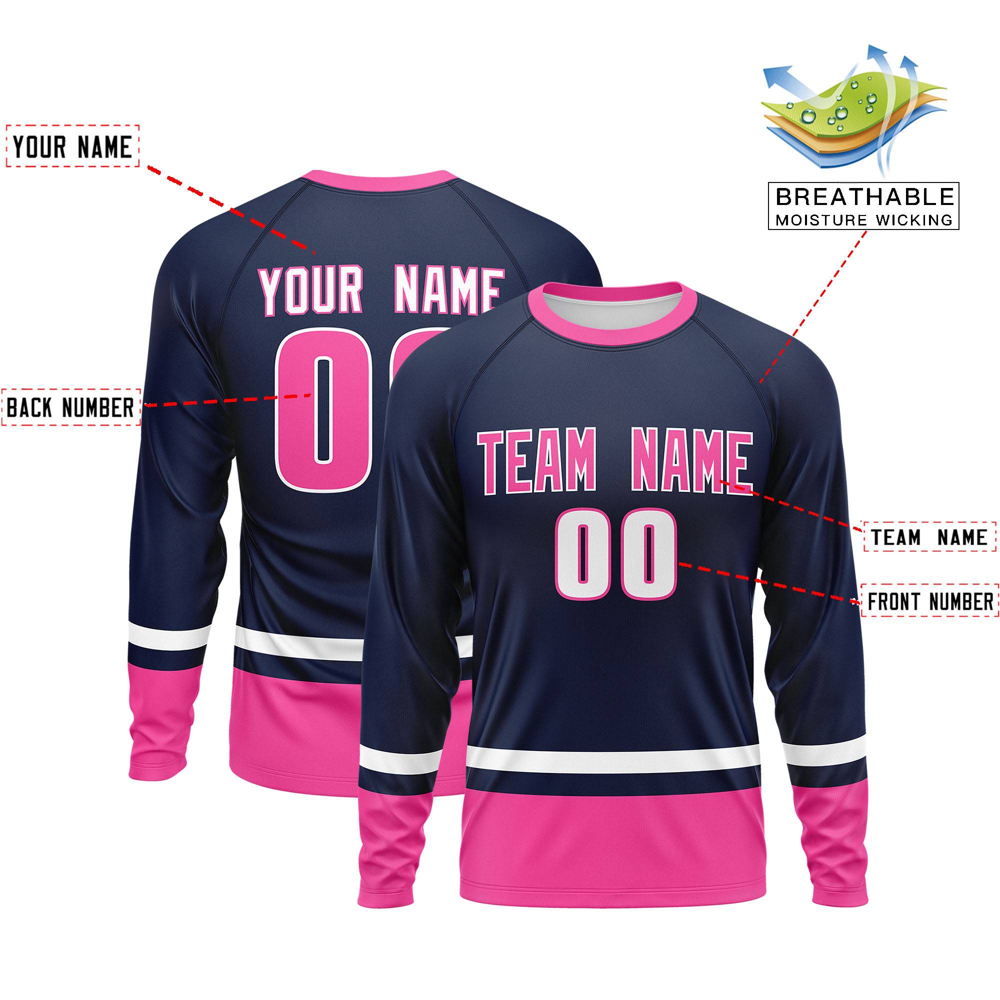 Custom Navy White-Pink Color Block Design Long Sleeve Performance T-Shirt