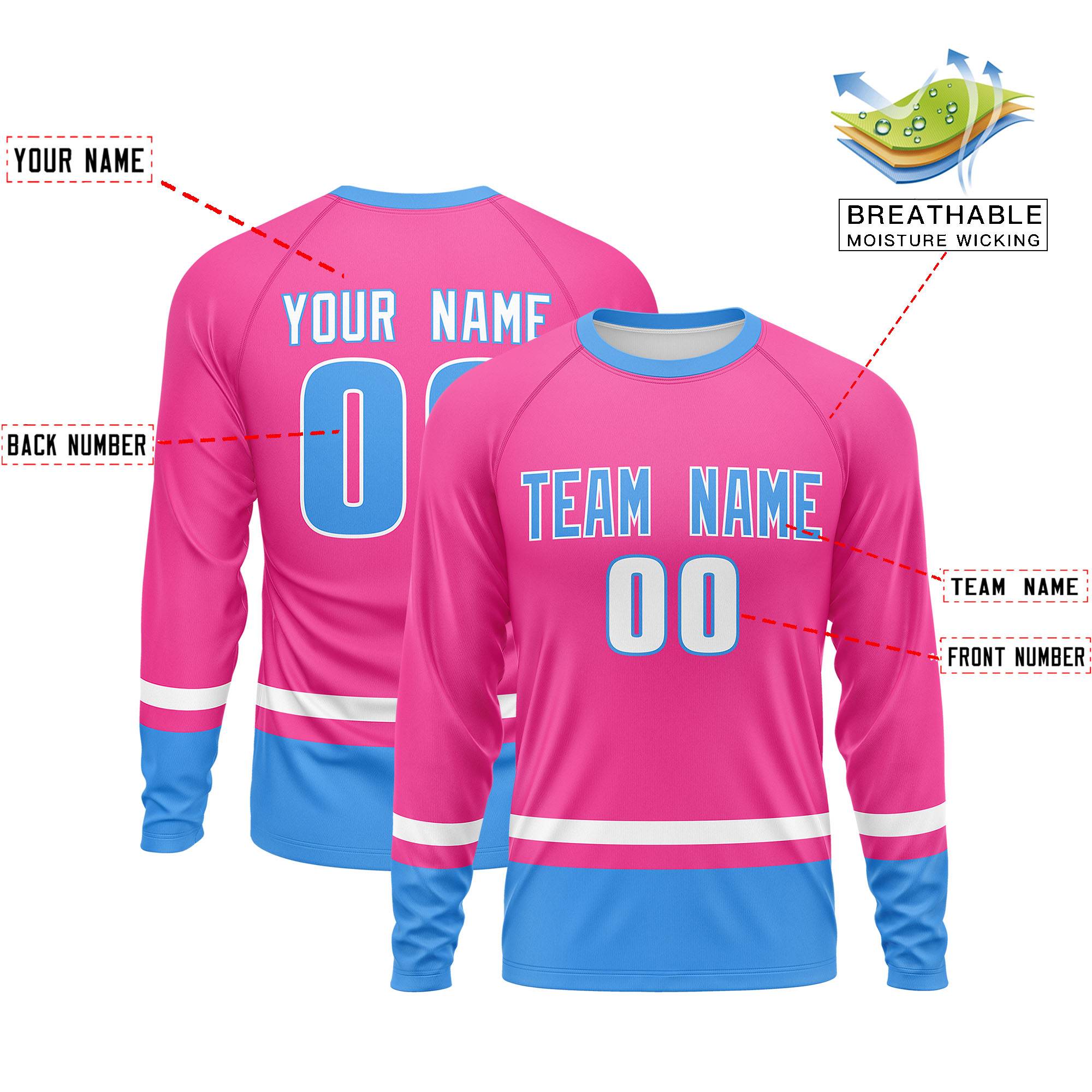 Custom Pink White-Powder Blue Color Block Design Long Sleeve Performance T-Shirt