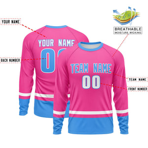 Custom Pink White-Powder Blue Color Block Design Long Sleeve Performance T-Shirt