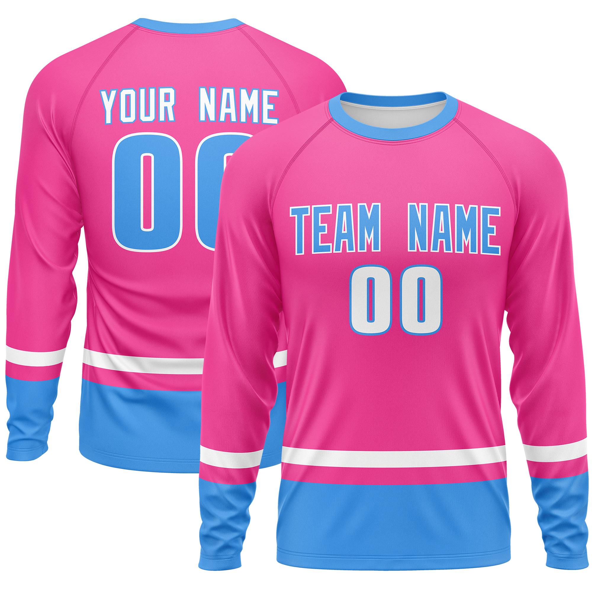 Custom Pink White-Powder Blue Color Block Design Long Sleeve Performance T-Shirt