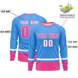 Custom Powder Blue White-Pink Color Block Design Long Sleeve Performance T-Shirt