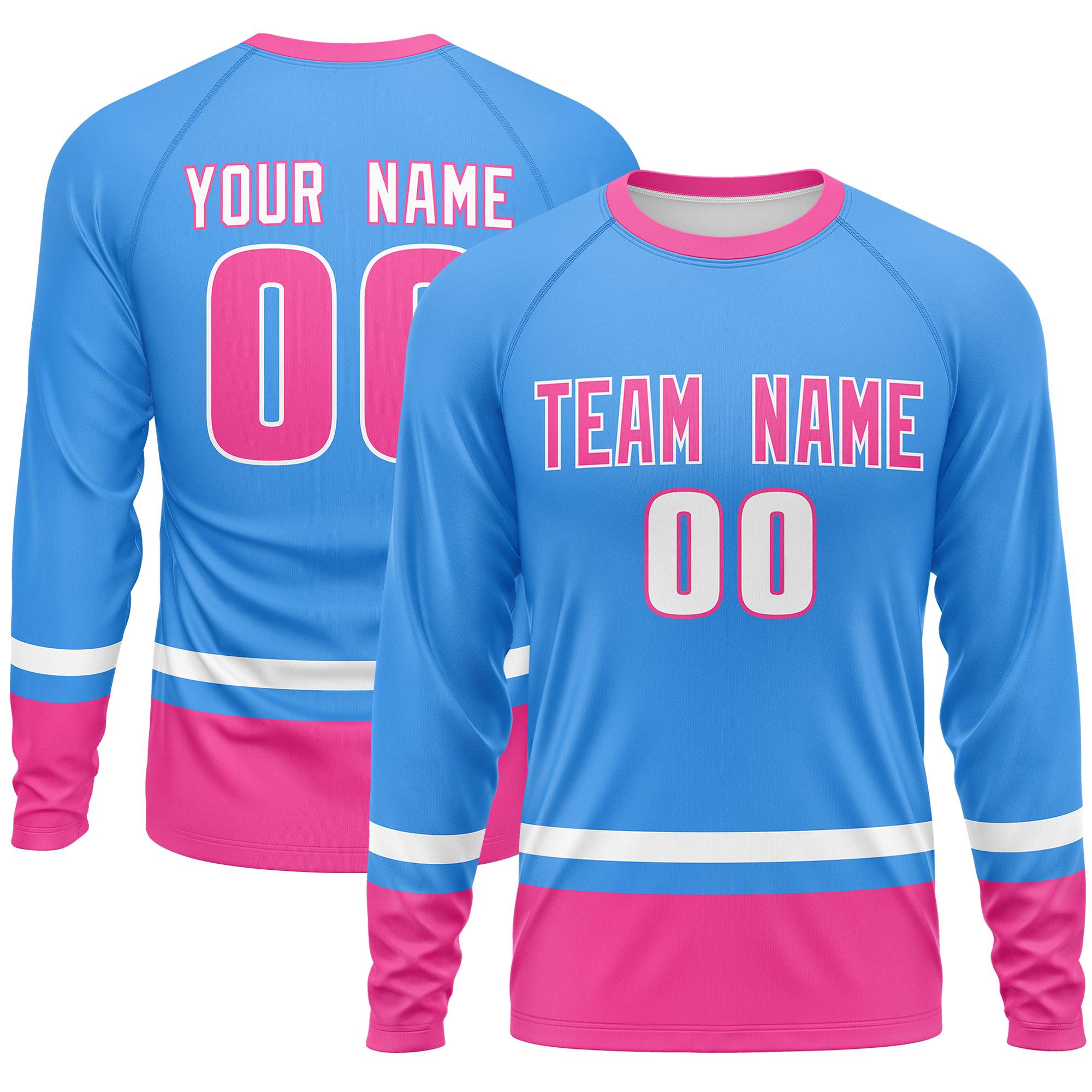 Custom Powder Blue White-Pink Color Block Design Long Sleeve Performance T-Shirt