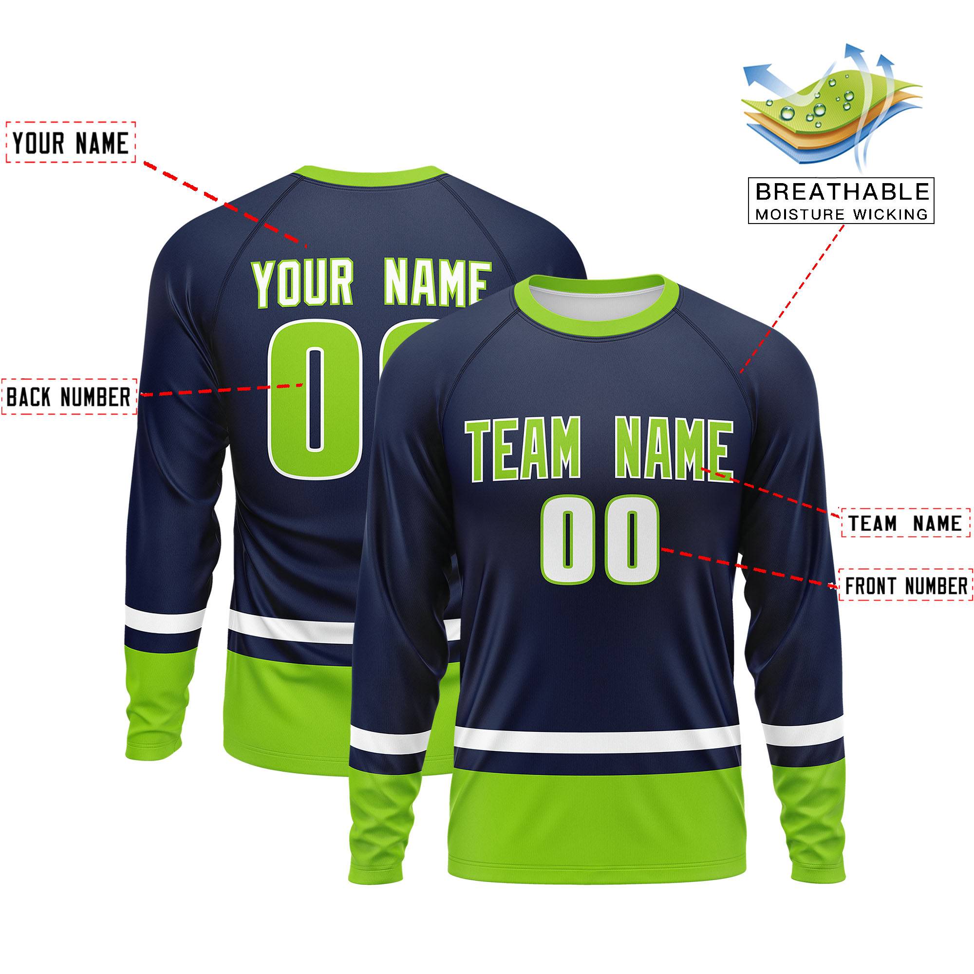 Custom Navy White-Neon Green Color Block Design Long Sleeve Performance T-Shirt