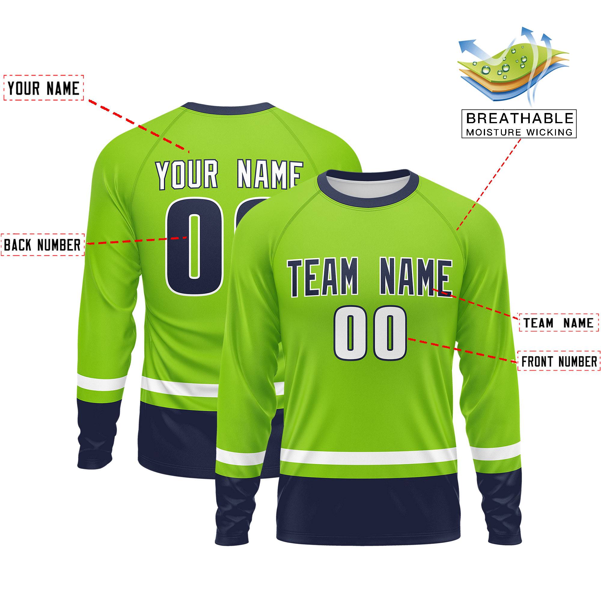 Custom Neon Green White-Navy Color Block Design Long Sleeve Performance T-Shirt