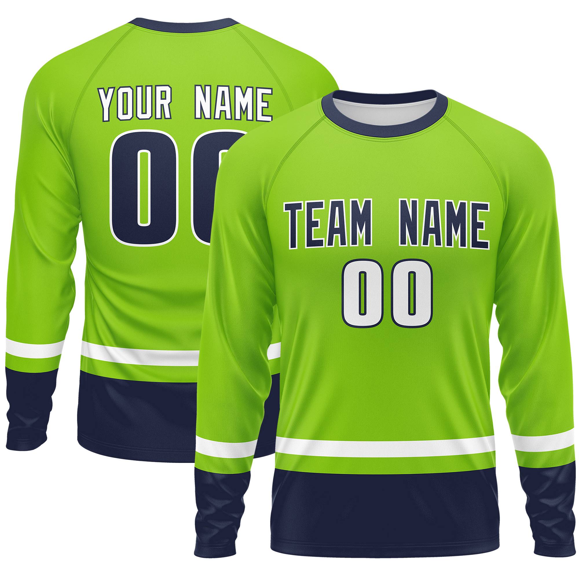 Custom Neon Green White-Navy Color Block Design Long Sleeve Performance T-Shirt