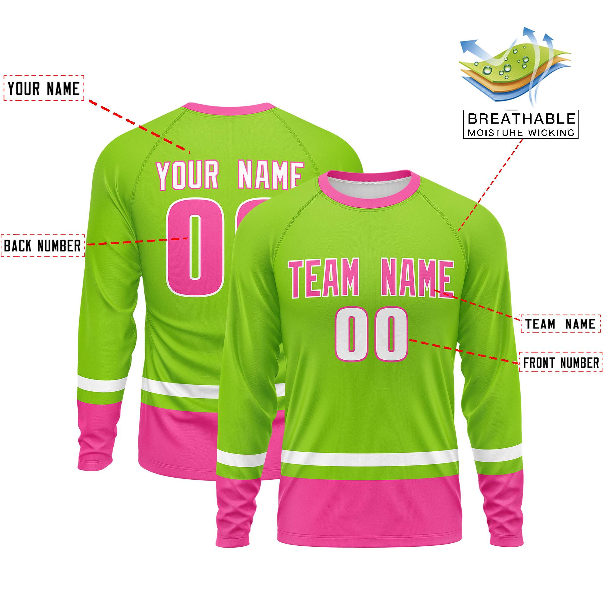 Custom Neon Green White-Pink Color Block Design Long Sleeve Performance T-Shirt