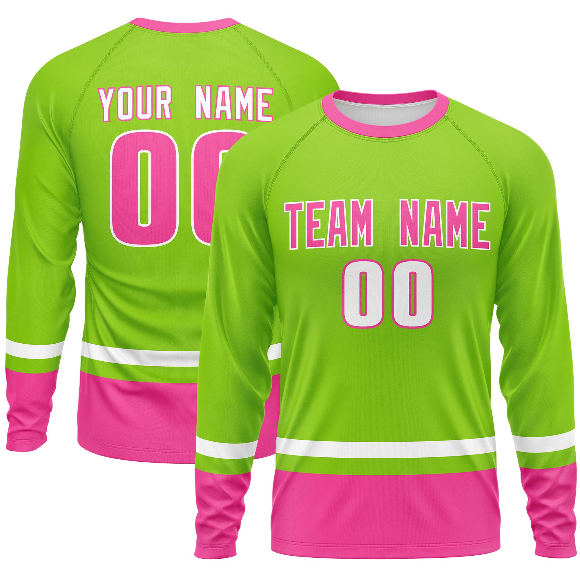 Custom Neon Green White-Pink Color Block Design Long Sleeve Performance T-Shirt