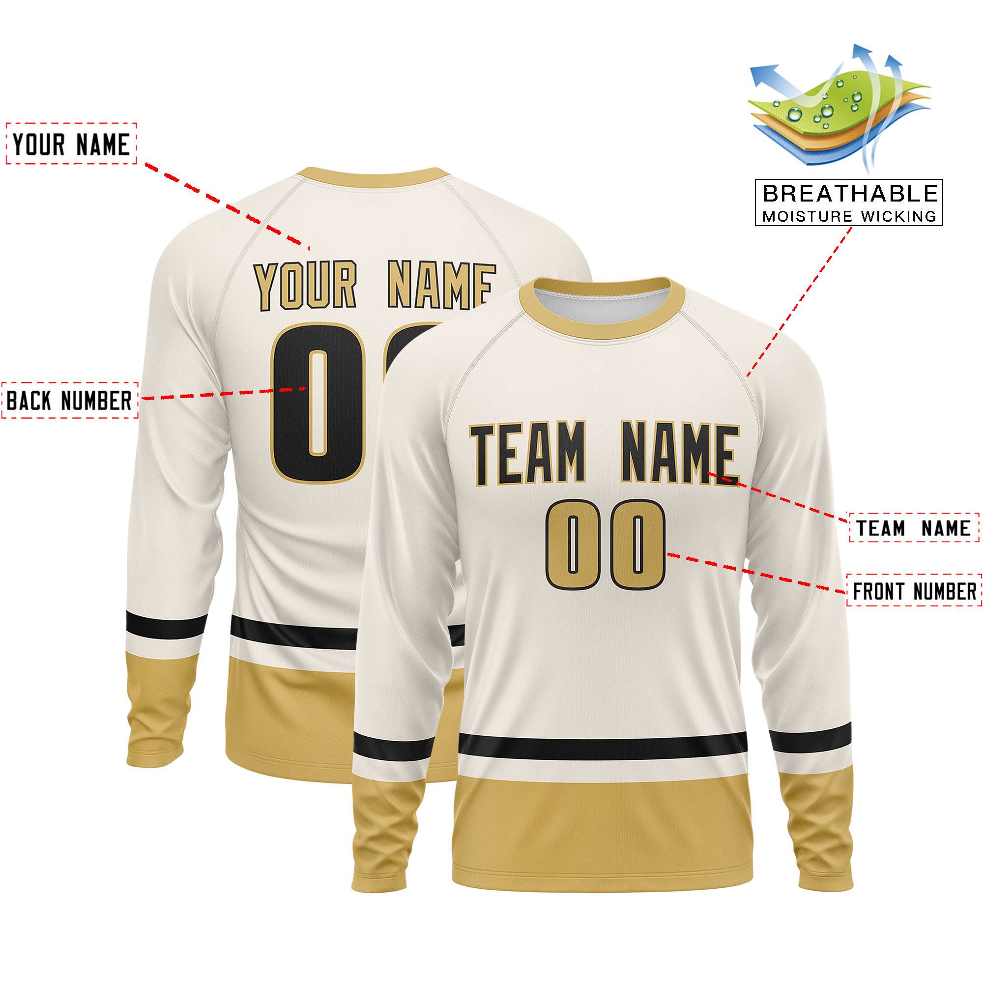 Custom Cream Black-Old Gold Color Block Design Long Sleeve Performance T-Shirt