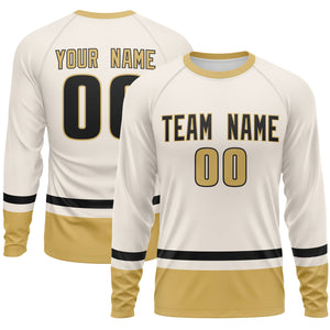 Custom Cream Black-Old Gold Color Block Design Long Sleeve Performance T-Shirt