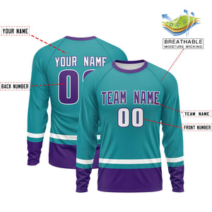 Custom Aqua White-Purple Color Block Design Long Sleeve Performance T-Shirt