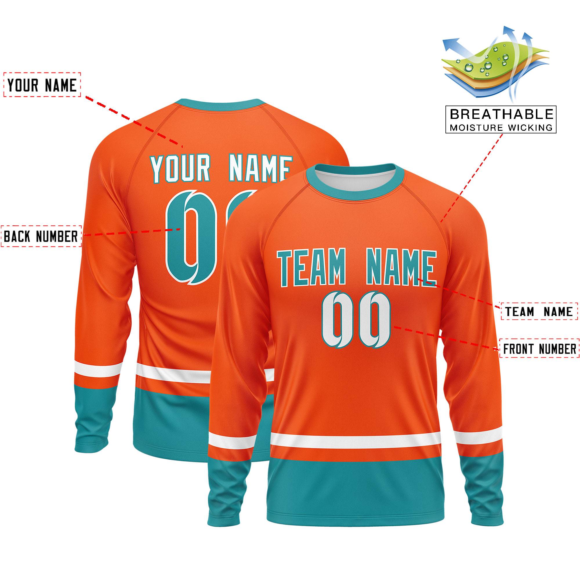 Custom Orange White-Aqua Color Block Design Long Sleeve Performance T-Shirt