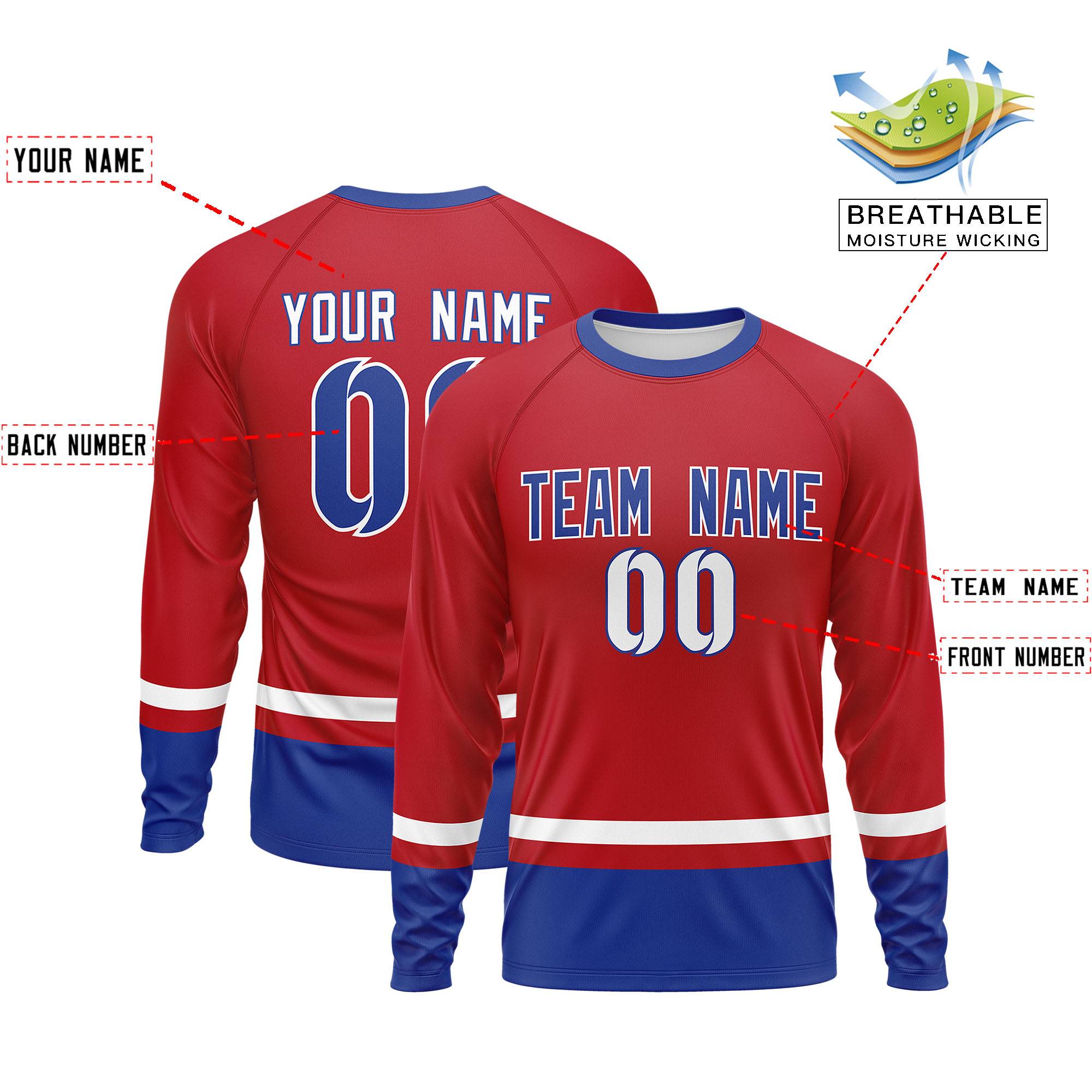 Custom Red White-Royal Color Block Design Long Sleeve Performance T-Shirt