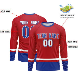 Custom Red White-Royal Color Block Design Long Sleeve Performance T-Shirt