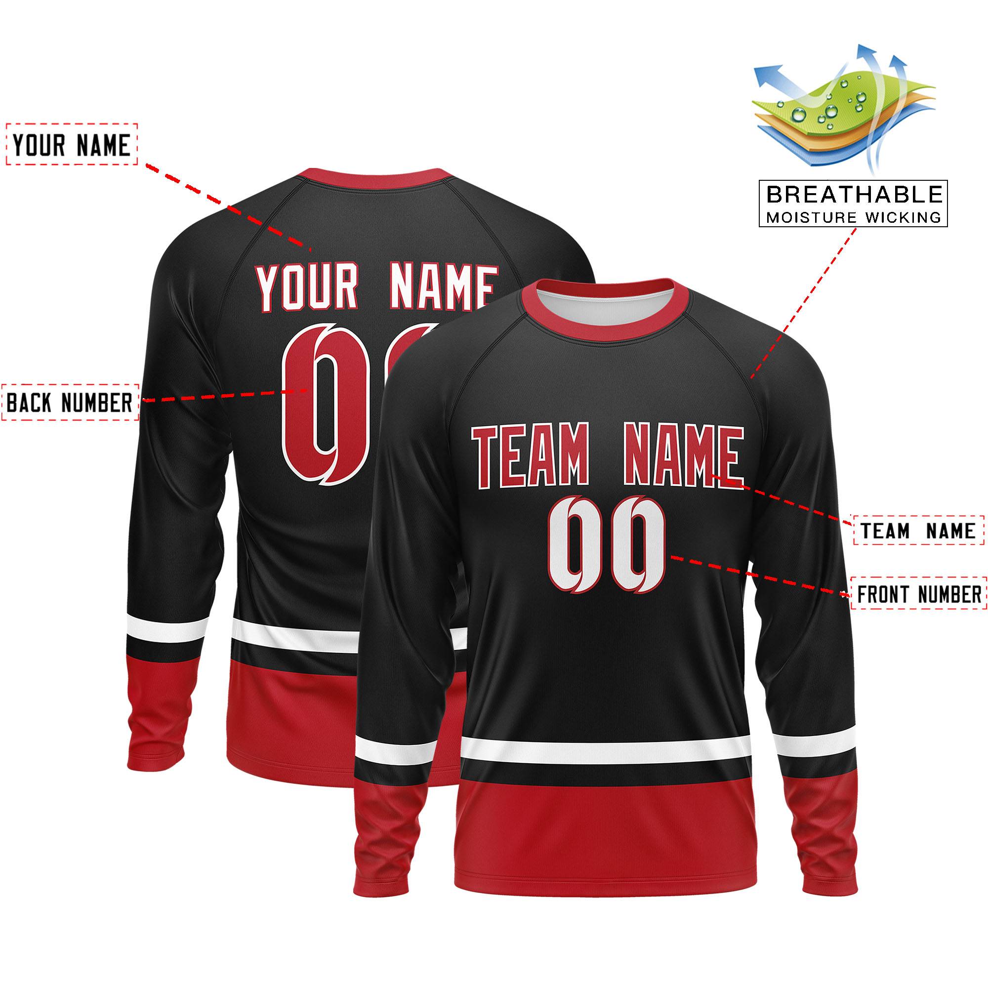 Custom Black White-Red Color Block Design Long Sleeve Performance T-Shirt