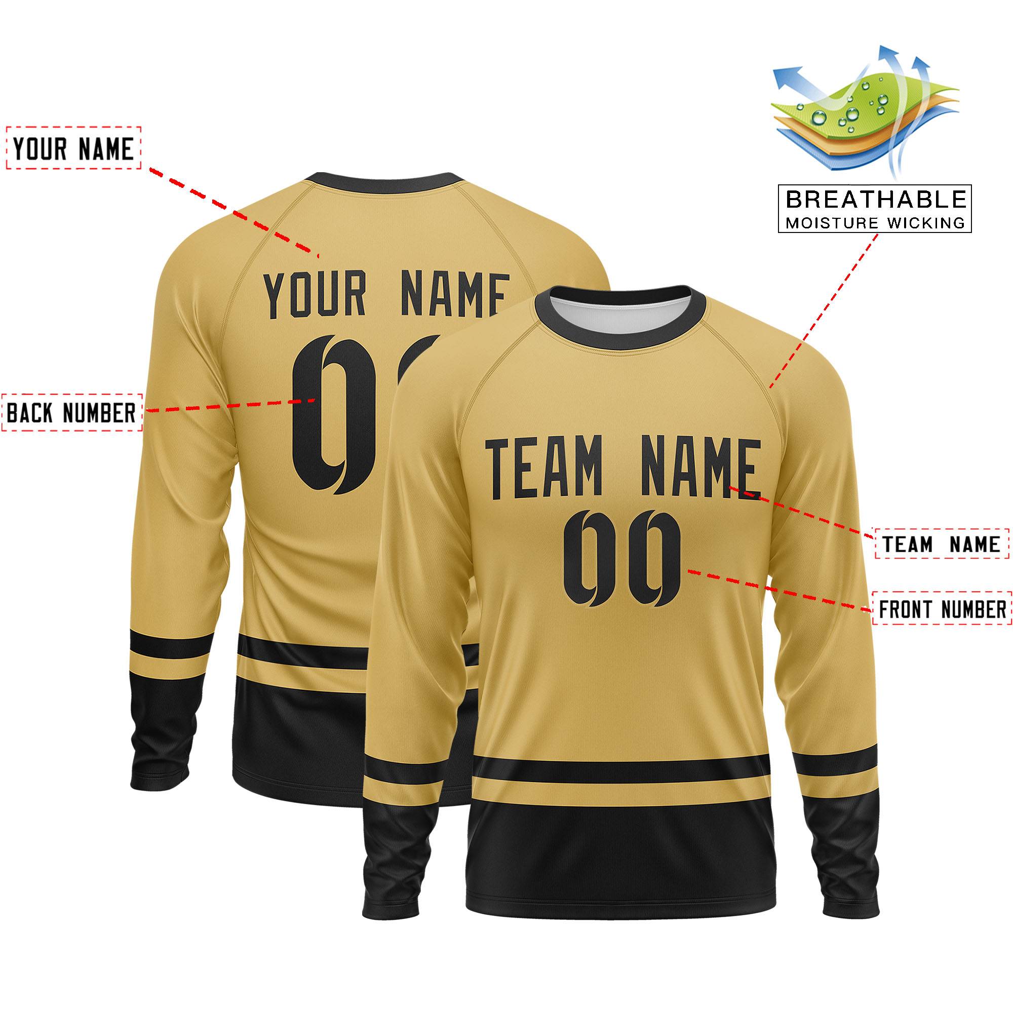 Custom Old Gold Black Color Block Design Long Sleeve Performance T-Shirt