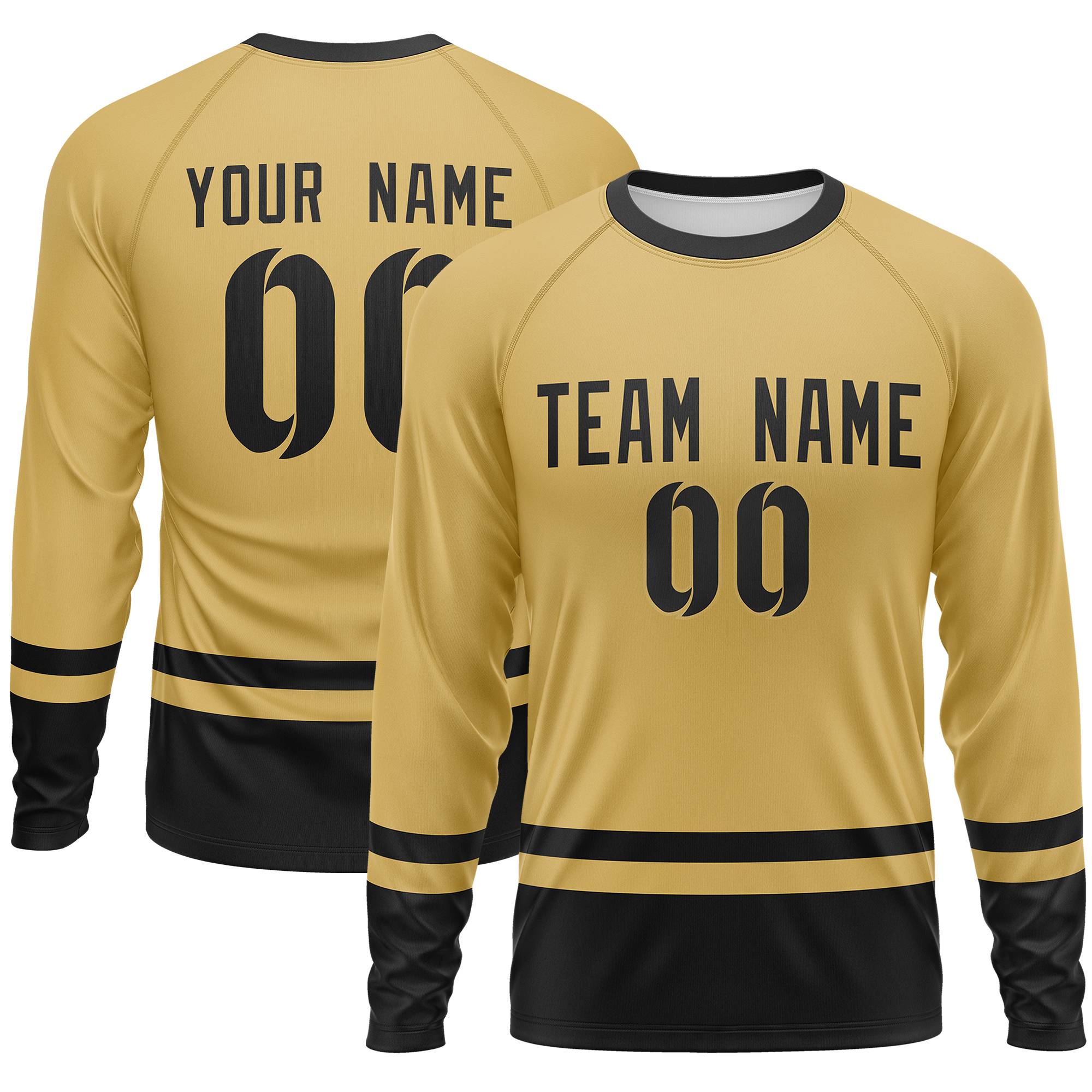 Custom Old Gold Black Color Block Design Long Sleeve Performance T-Shirt