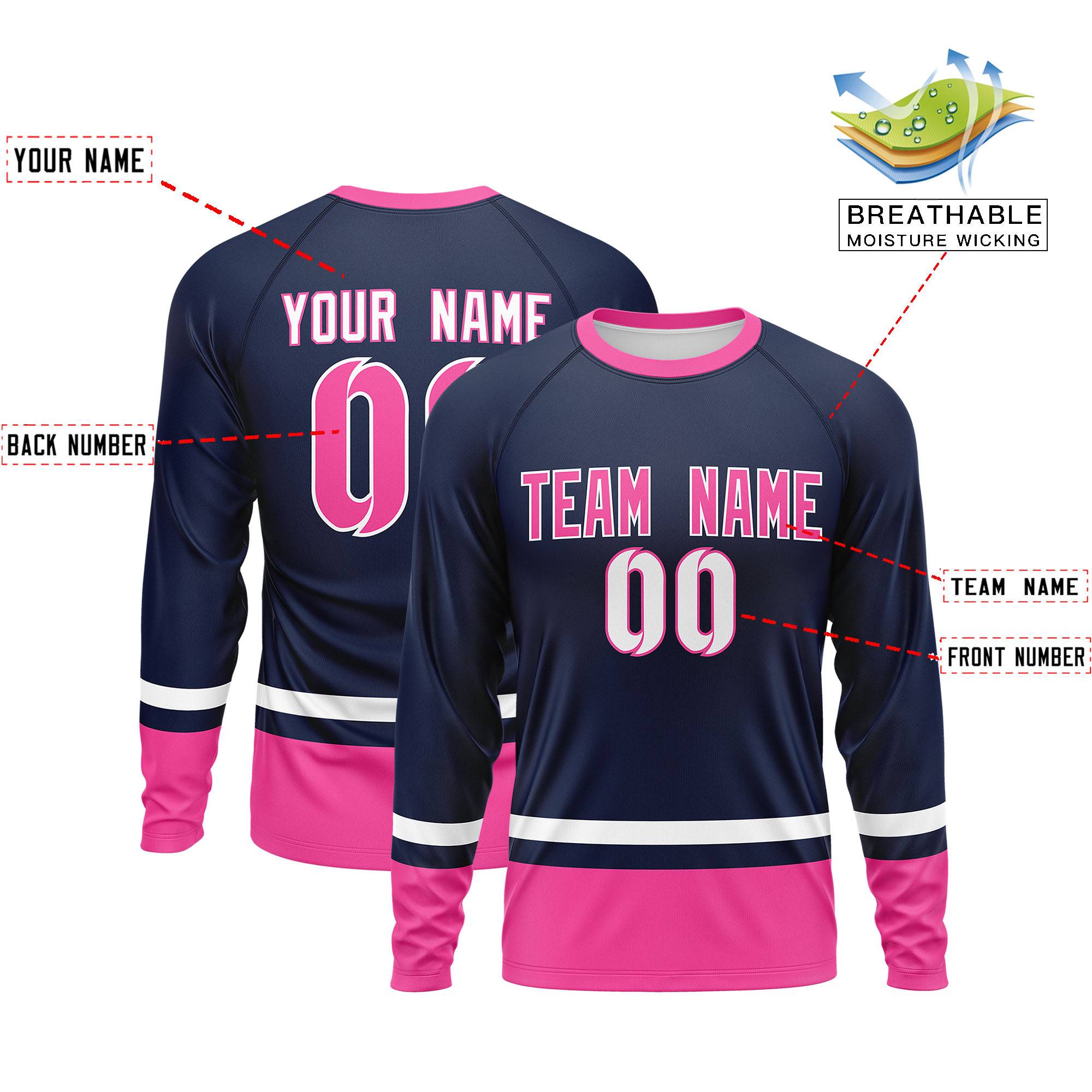 Custom Navy White-Pink Color Block Design Long Sleeve Performance T-Shirt