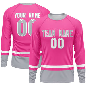 Custom Pink White-Gray Color Block Design Long Sleeve Performance T-Shirt