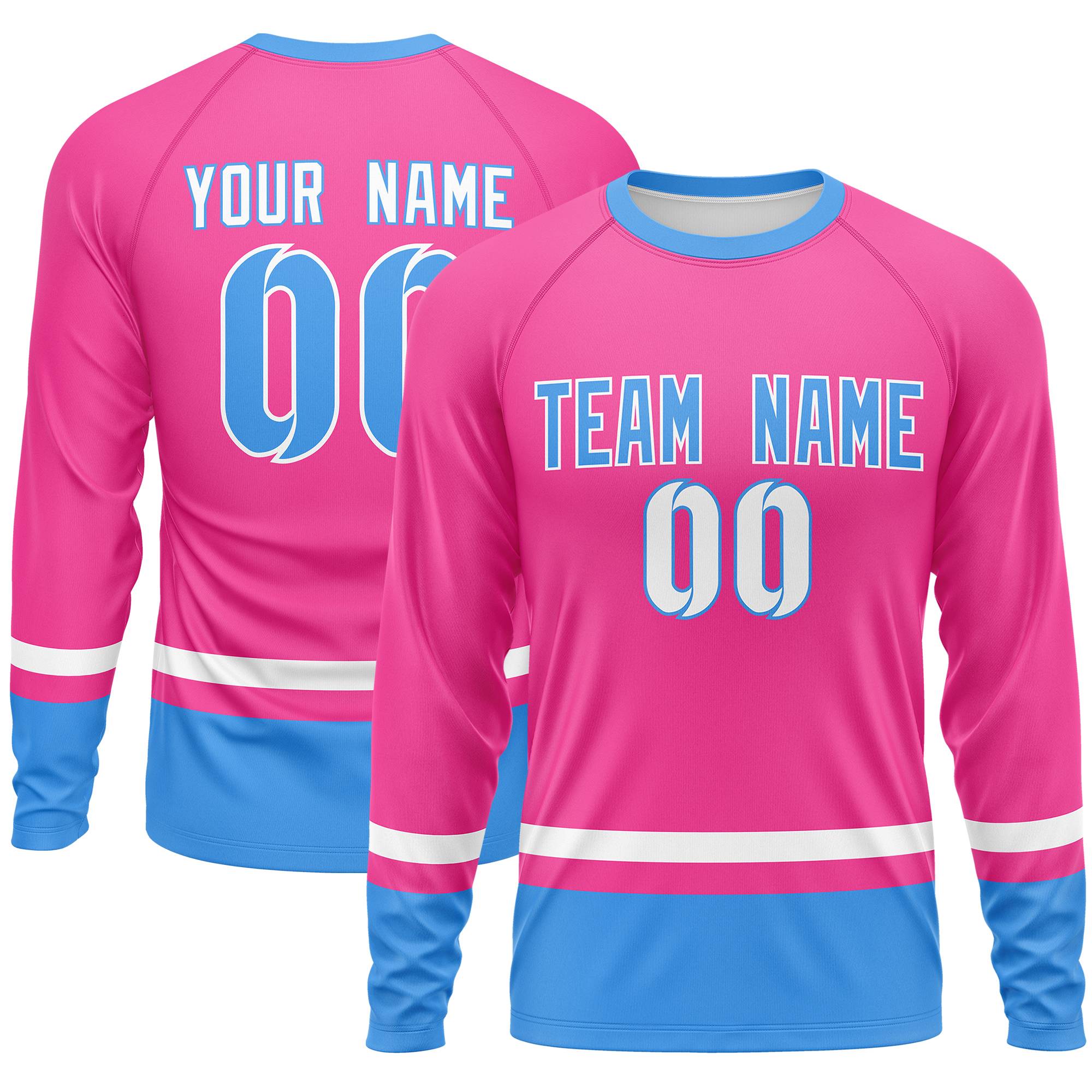 Custom Pink White-Powder Blue Color Block Design Long Sleeve Performance T-Shirt