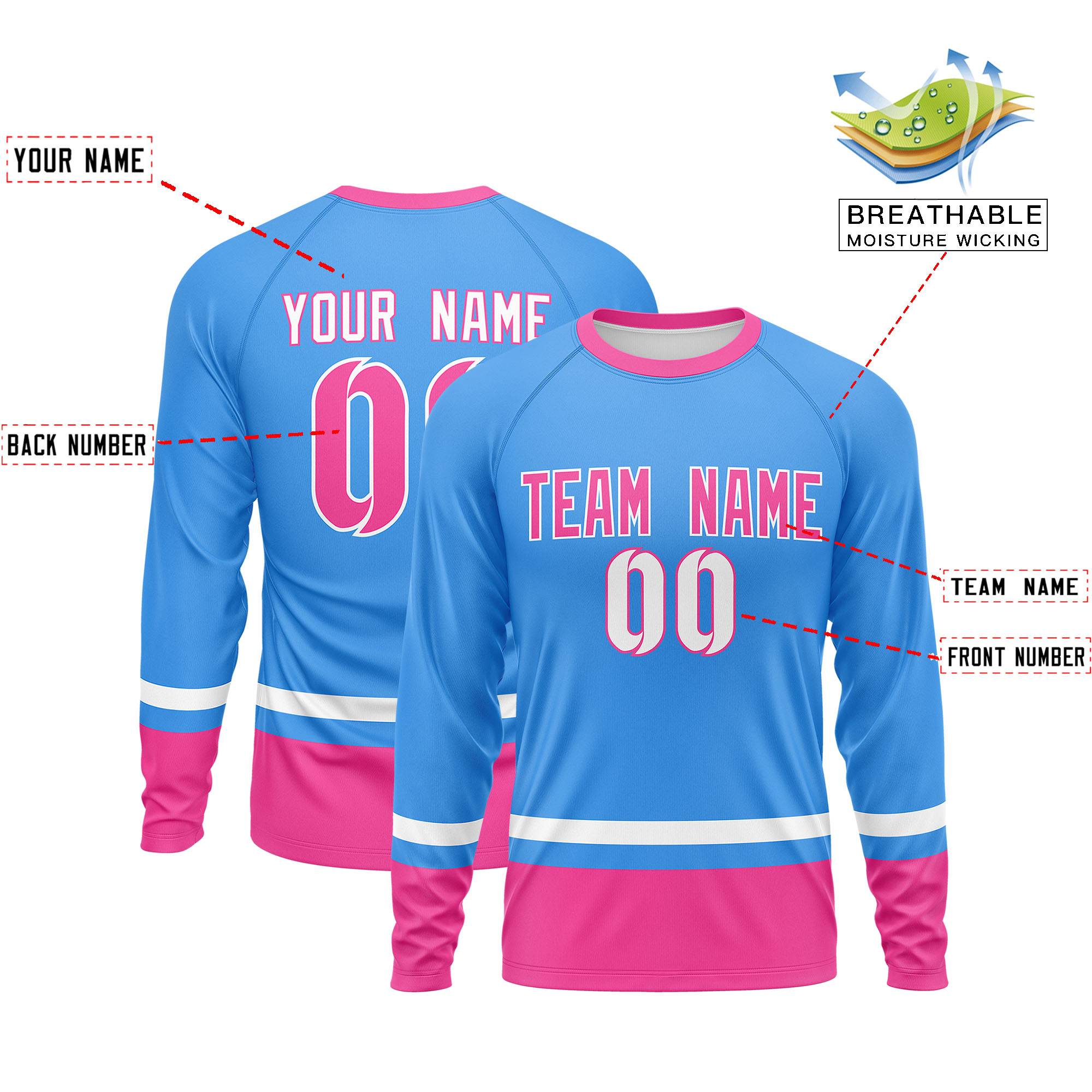 Custom Powder Blue White-Pink Color Block Design Long Sleeve Performance T-Shirt